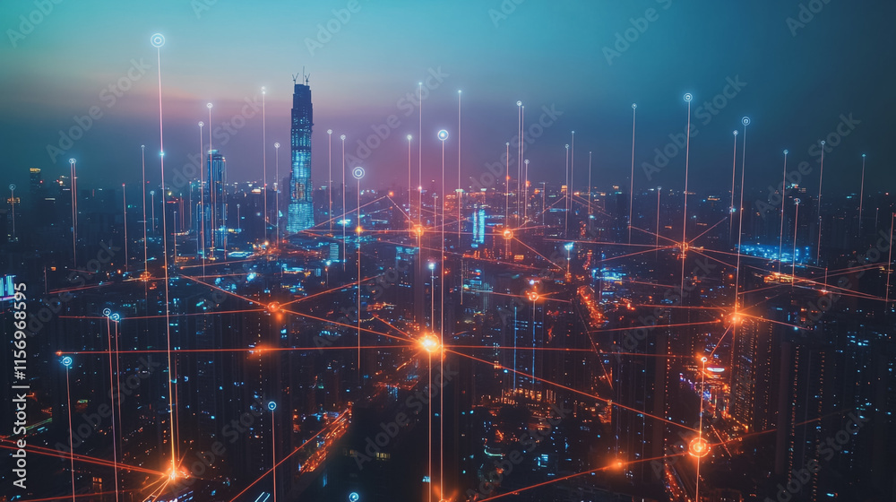 Smart digital Innovation city with connection network reciprocity over the cityscape. of future smart wireless digital city and social media networking systems that connects people with in city
