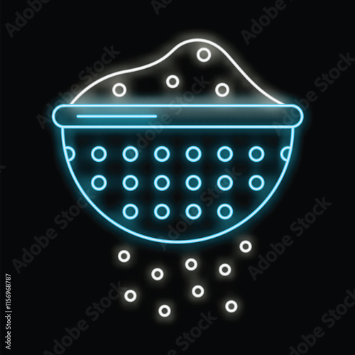 Glowing neon line icon of a round colander sifting flour isolated on a black background