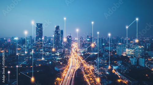 Wallpaper Mural Smart digital Innovation city with connection network reciprocity over the cityscape. of future smart wireless digital city and social media networking systems that connects people with in city Torontodigital.ca