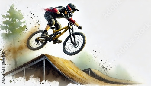 Biker making a jump off a dirt ramp, Downhill Biking male athlete in watercolour painting in minimalist white background, photo