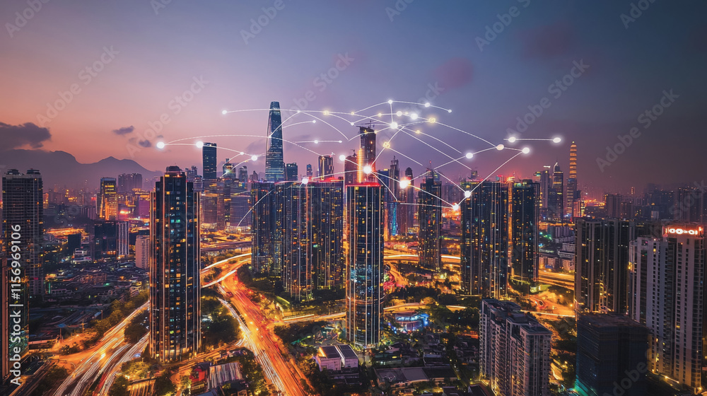 Smart digital Innovation city with connection network reciprocity over the cityscape. of future smart wireless digital city and social media networking systems that connects people with in city Smart digital Innovation city with connection network reciprocity over the cityscape. of future smart wireless digital city and social media networking systems that connects people with in city