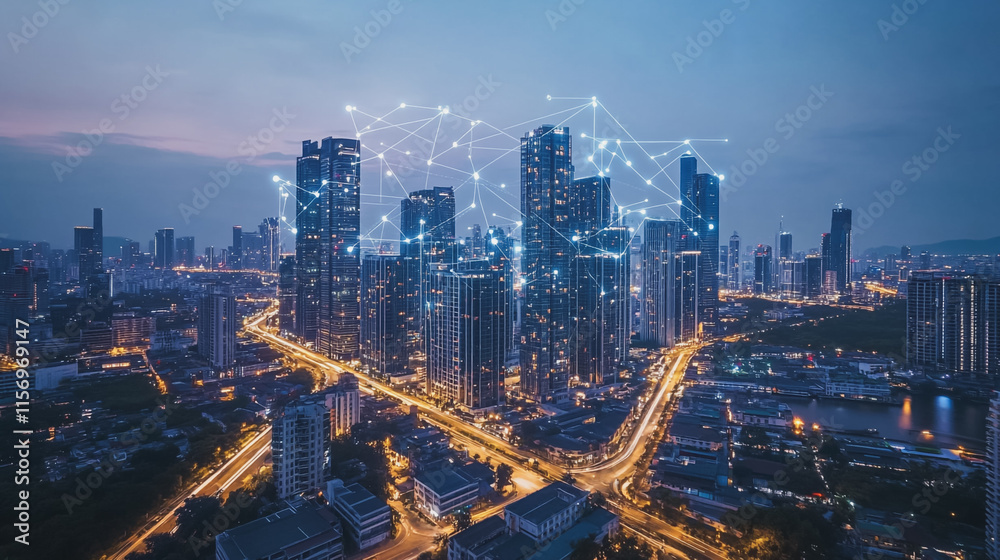 Fototapeta premium Smart digital Innovation city with connection network reciprocity over the cityscape. of future smart wireless digital city and social media networking systems that connects people with in city