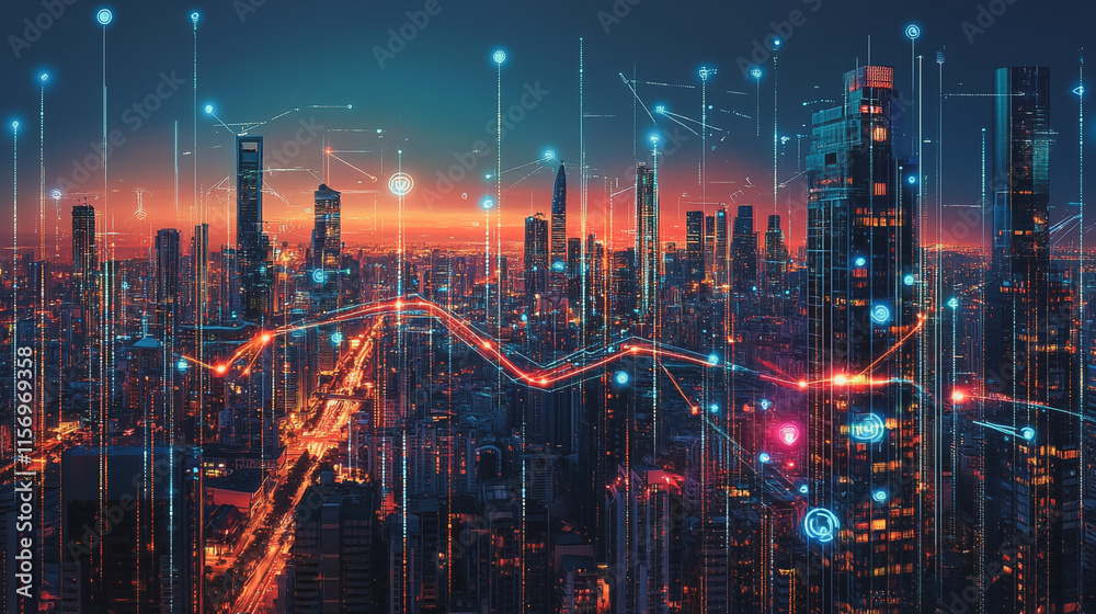 Fototapeta premium Smart digital Innovation city with connection network reciprocity over the cityscape. of future smart wireless digital city and social media networking systems that connects people with in city