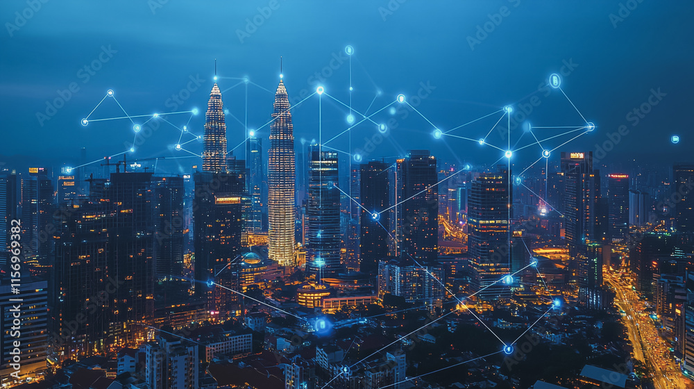 Fototapeta premium Smart digital Innovation city with connection network reciprocity over the cityscape. of future smart wireless digital city and social media networking systems that connects people with in city