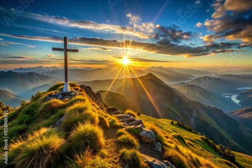 Majestic Steel Cross on Italian Mountain Peak at Sunrise photo