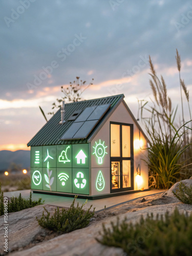 Eco friendly model house with solar panels and green technology symbols