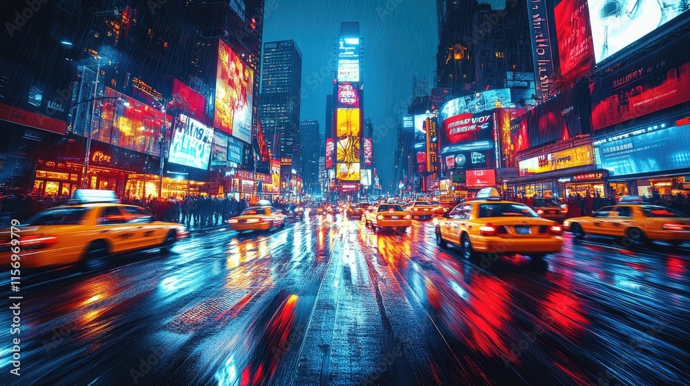 Fototapeta premium Rainy Night in Times Square, NYC: A Vibrant Cityscape