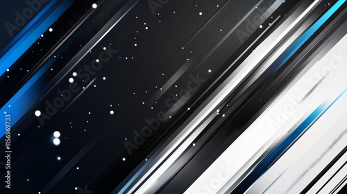 Dynamic black, white, and blue diagonal lines background.