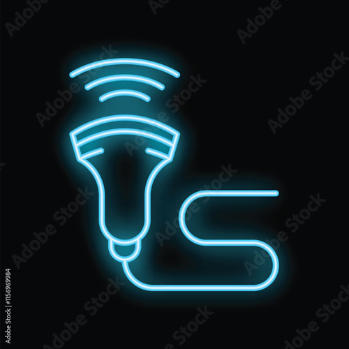 Bright blue neon ultrasound scanner transmitting medical data icon glowing on a black background