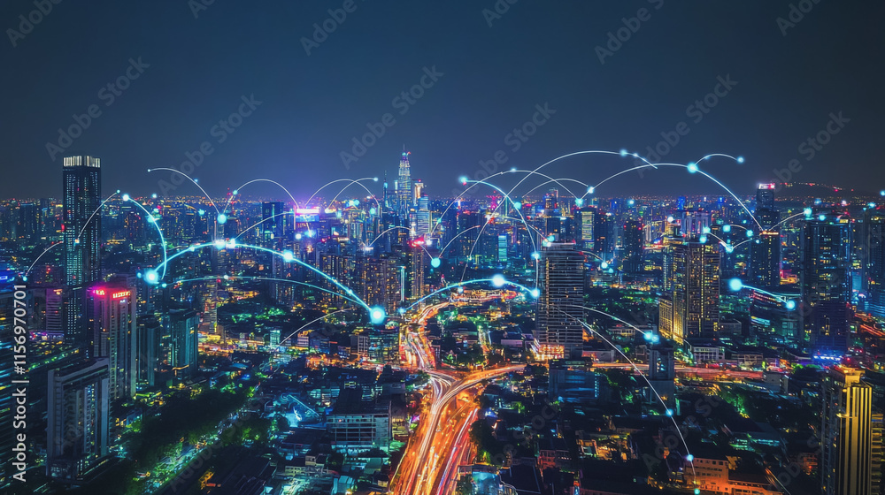 Fototapeta premium Smart digital Innovation city with connection network reciprocity over the cityscape. of future smart wireless digital city and social media networking systems that connects people with in city