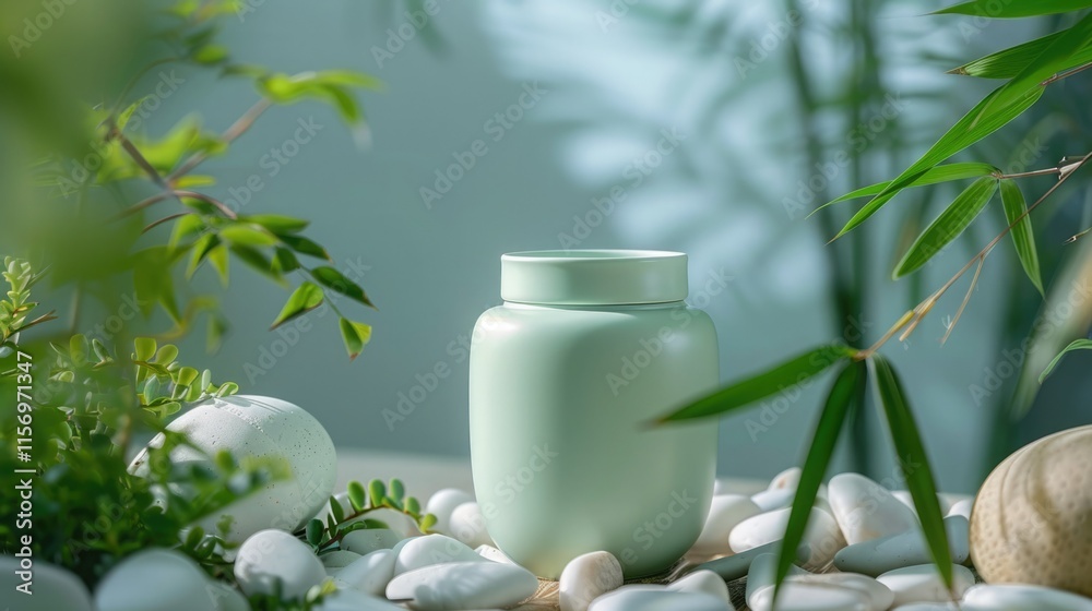 Natural tranquility with a green jar surrounded by pebbles and plants in a serene environment Natural tranquility with a green jar surrounded by pebbles and plants in a serene environment