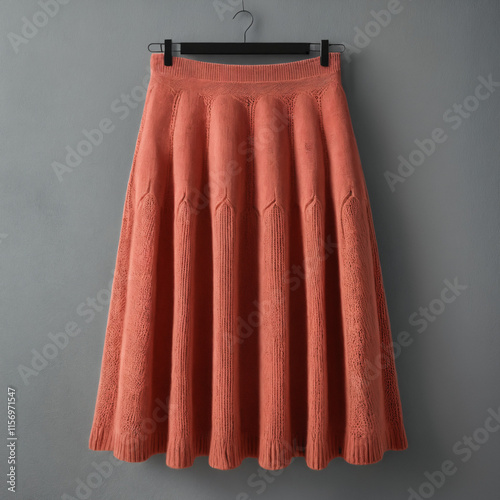 Mockup, light red knit midi skirt isolated on a gray wall background, Ai generated images photo