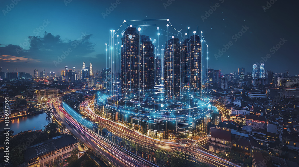 Fototapeta premium Smart digital Innovation city with connection network reciprocity over the cityscape. of future smart wireless digital city and social media networking systems that connects people with in city