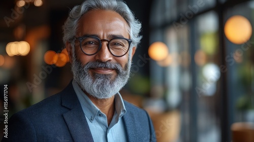 Mature indian man with silver hair and glasses smiling warmly in a cozy cafe during the day