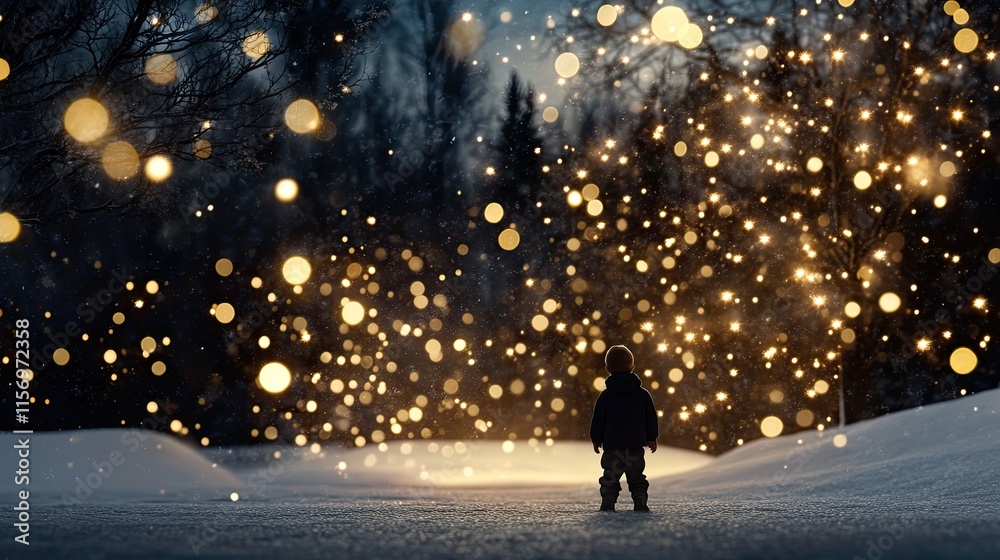 A boy gazes in wonder at a radiant golden light that brightens a snowy night, creating a magical atmosphere around him A boy gazes in wonder at a radiant golden light that brightens a snowy night, creating a magical atmosphere around him