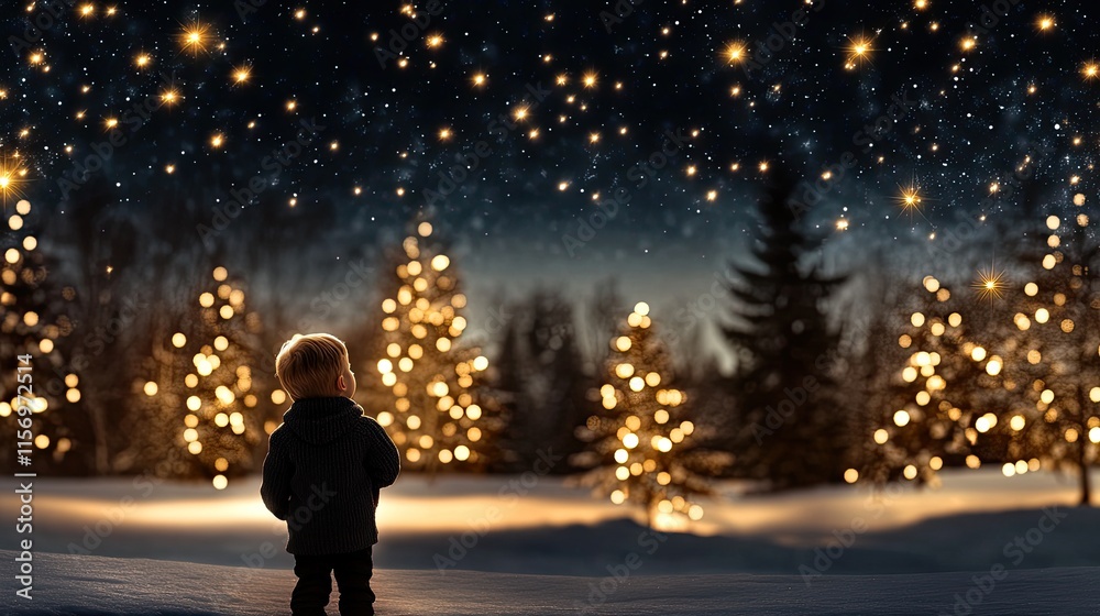 Obraz premium A boy gazes in wonder at a radiant golden light that brightens a snowy night, creating a magical atmosphere around him