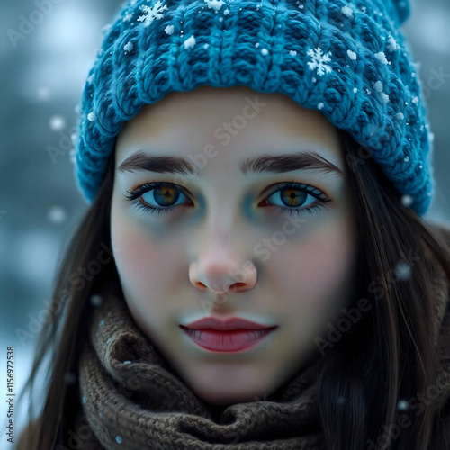 A young woman with long, dark hair is wearing a blue knitted hat and a patterned scarf. Her profile shows a smooth complexion, with highlighted cheekbones and bright eyes. Snowflakes are softly fallin photo