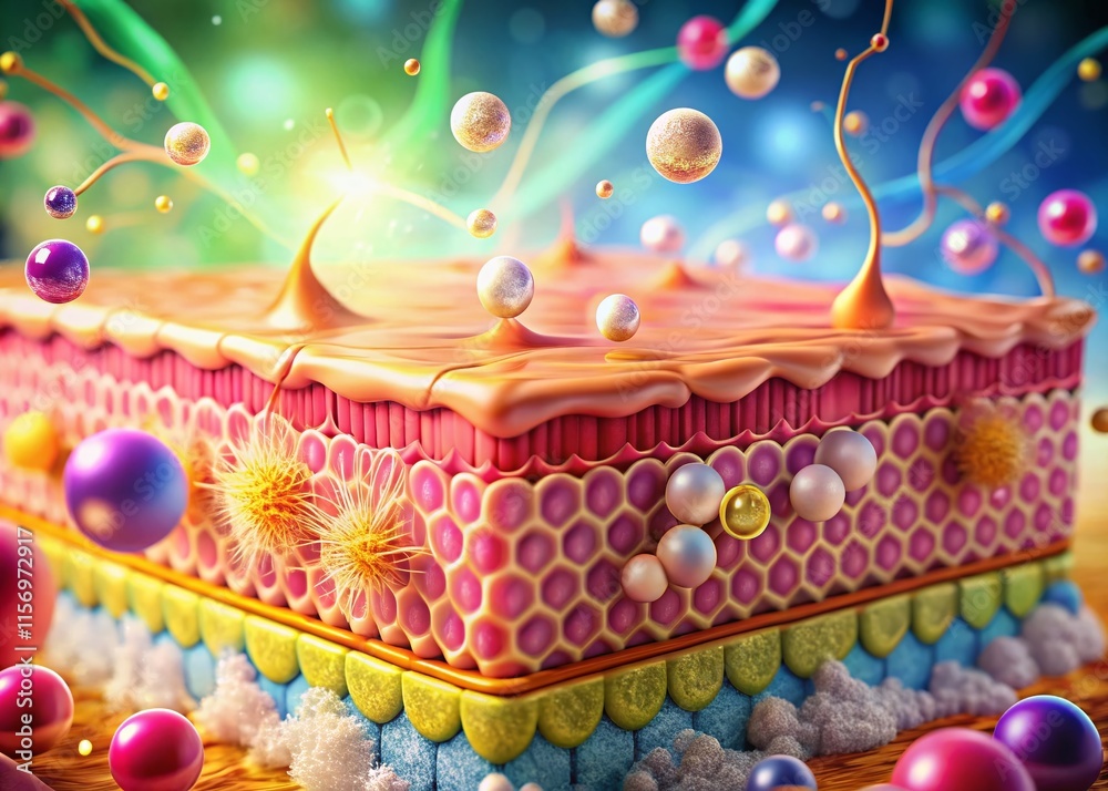 Fototapeta premium Microscopic View: Laser Serum Repairing Wrinkled Skin Cells - 3D Rendering