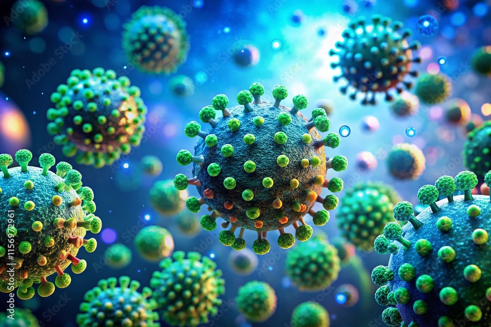 Microscopic View: Virus Globules in Biological Fluid with Bokeh Effect - Stock Photo Microscopic View: Virus Globules in Biological Fluid with Bokeh Effect - Stock Photo