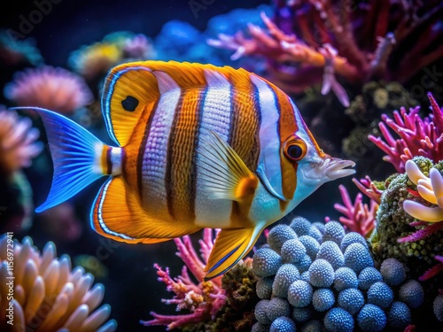 Night Dive Copperband Butterflyfish, Underwater Macro Photography, Chelmon Rostratus, Ocean Wildlife, Coral Reef, Tropical Fish photo