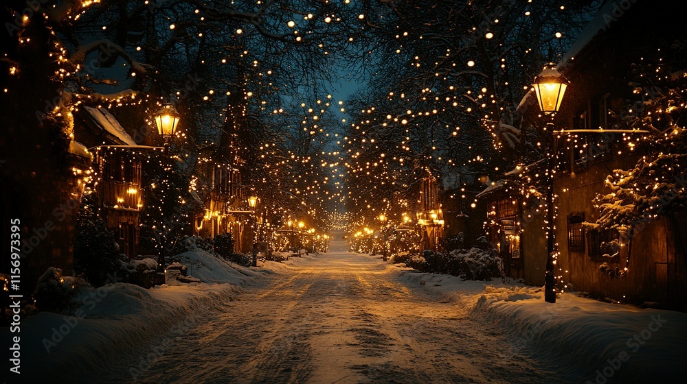 A serene winter street adorned with festive lights and snow, creating a cozy holiday atmosphere. A serene winter street adorned with festive lights and snow, creating a cozy holiday atmosphere.