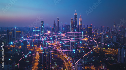 Wallpaper Mural Smart digital Innovation city with connection network reciprocity over the cityscape. of future smart wireless digital city and social media networking systems that connects people with in city Torontodigital.ca