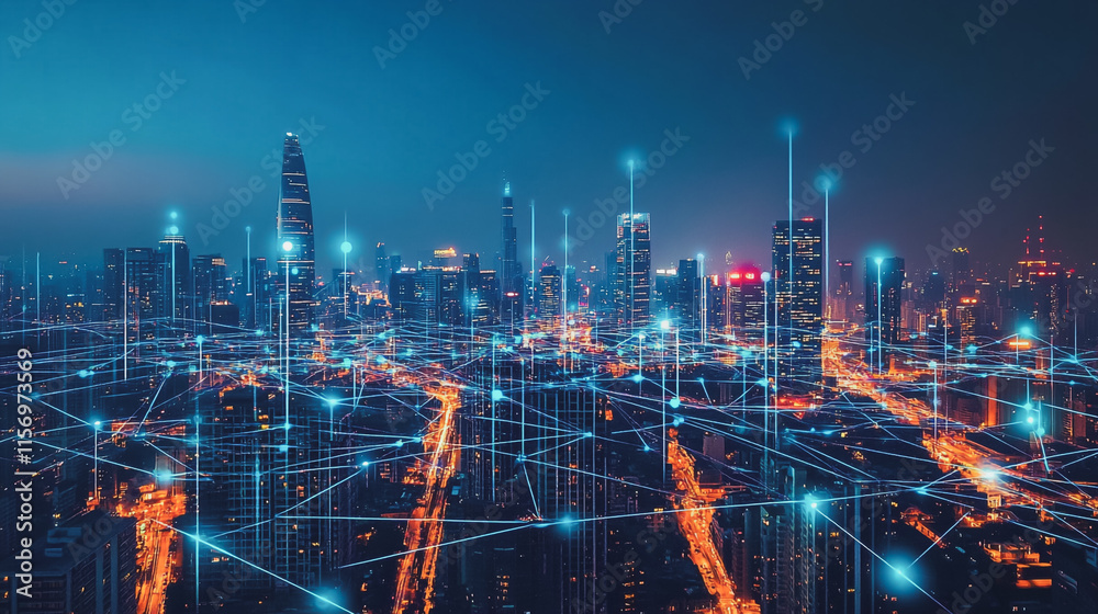Fototapeta premium Smart digital Innovation city with connection network reciprocity over the cityscape. of future smart wireless digital city and social media networking systems that connects people with in city