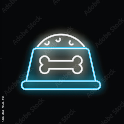 Glowing neon icon of dog food bowl with bone sign for pet shop or veterinary