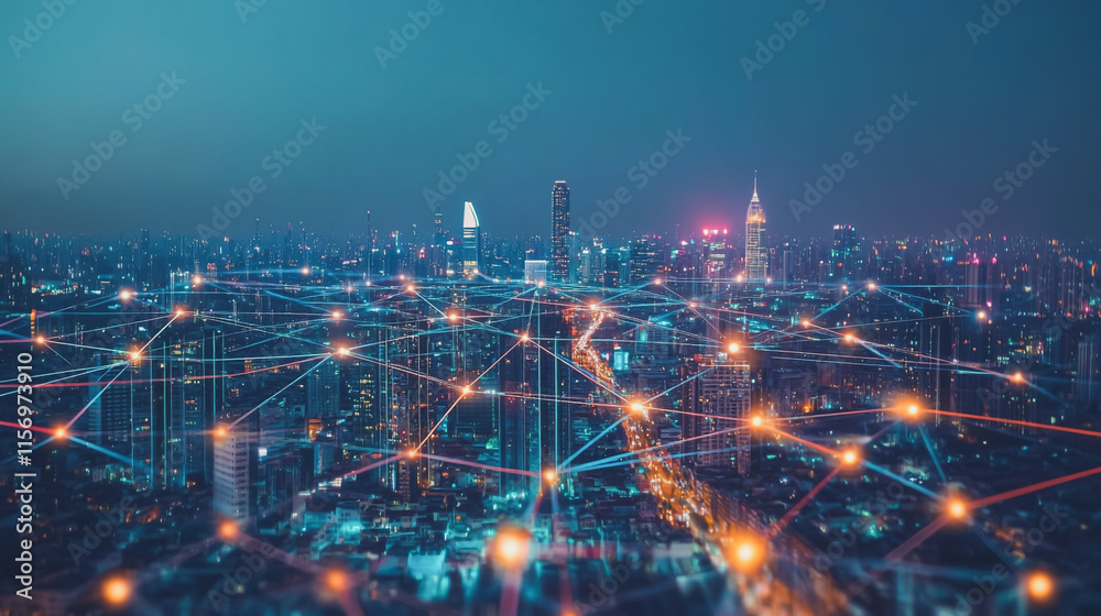 Smart digital Innovation city with connection network reciprocity over the cityscape. of future smart wireless digital city and social media networking systems that connects people with in city Smart digital Innovation city with connection network reciprocity over the cityscape. of future smart wireless digital city and social media networking systems that connects people with in city