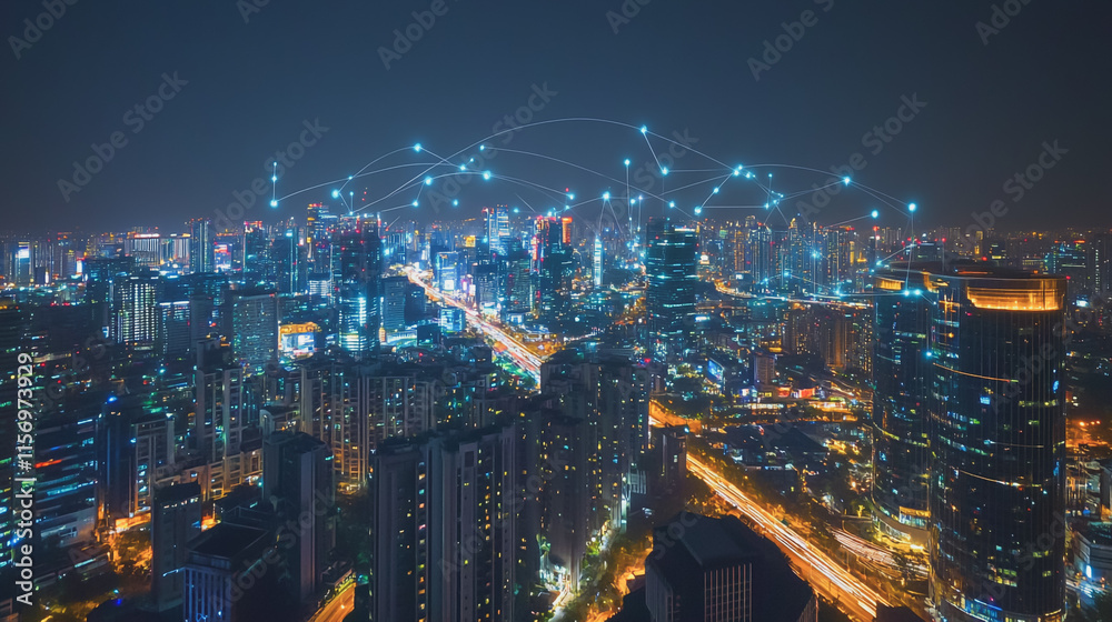 Smart digital Innovation city with connection network reciprocity over the cityscape. of future smart wireless digital city and social media networking systems that connects people with in city Smart digital Innovation city with connection network reciprocity over the cityscape. of future smart wireless digital city and social media networking systems that connects people with in city