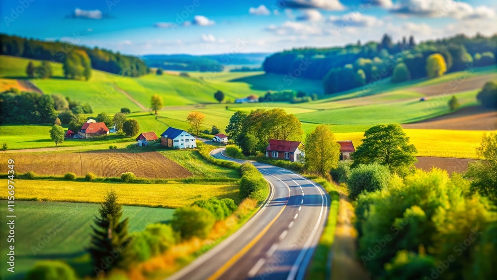 Fototapeta premium Miniature Countryside Asphalt Road: Tilt-Shift Landscape Photography