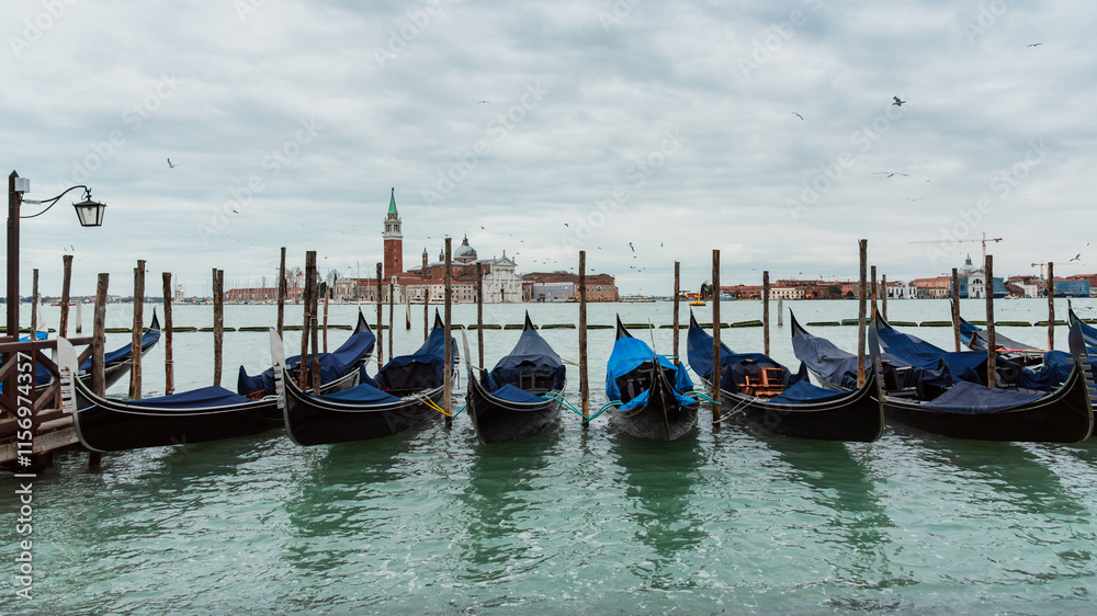 Gondolas in Venice with San Giorgio Maggiore Island on the Horizon Gondolas in Venice with San Giorgio Maggiore Island on the Horizon
