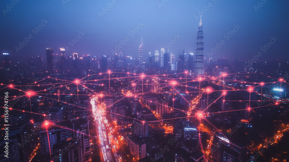 Fototapeta premium Smart digital Innovation city with connection network reciprocity over the cityscape. of future smart wireless digital city and social media networking systems that connects people with in city