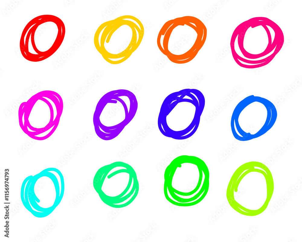 A set of 12 hand-drawn scribble circles in vibrant colors, including red, yellow, orange, pink, purple, blue, cyan, and green. Each circle is irregular, with a sketchy style on a white background A set of 12 hand-drawn scribble circles in vibrant colors, including red, yellow, orange, pink, purple, blue, cyan, and green. Each circle is irregular, with a sketchy style on a white background