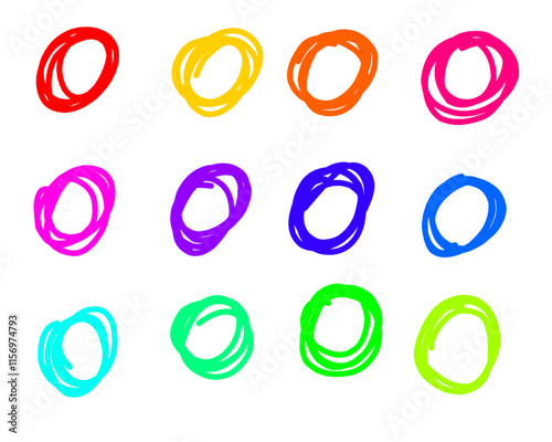 A set of 12 hand-drawn scribble circles in vibrant colors, including red, yellow, orange, pink, purple, blue, cyan, and green. Each circle is irregular, with a sketchy style on a white background