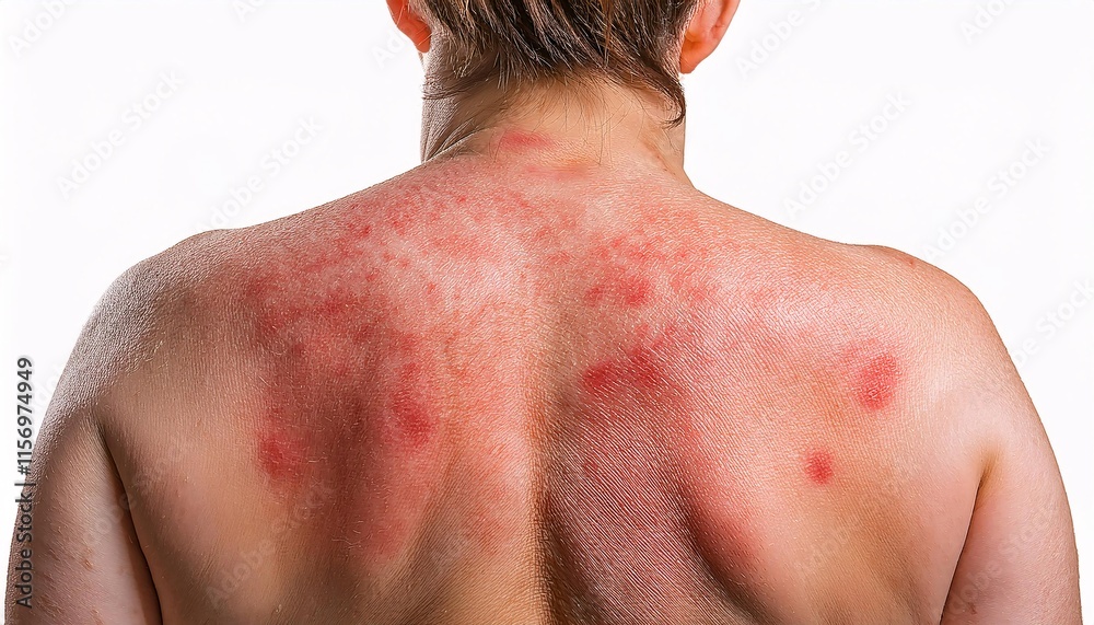 Naklejka premium close-up of mild heat rash on the back with red spots and irritation on sweaty skin for dermatology and medical presentations