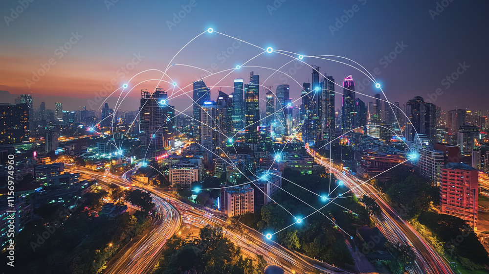 Obraz premium Smart digital Innovation city with connection network reciprocity over the cityscape. of future smart wireless digital city and social media networking systems that connects people with in city