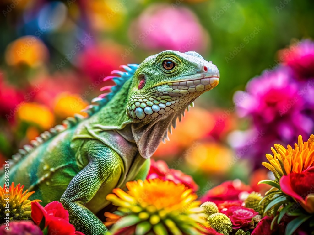 Fototapeta premium Miniature Iguana on Vibrant Flowers: Tilt-Shift Photography