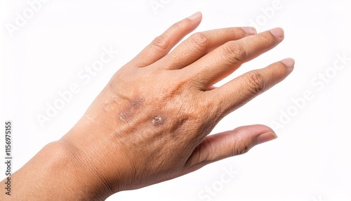 close-up of actinic keratosis on the back of the hand showing rough scaly patches with fine details for dermatological and medical reference
 photo