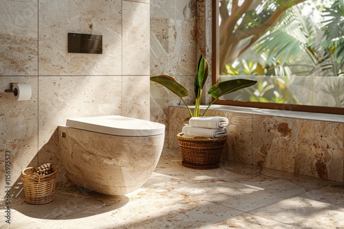 eco-friendly toilet in the bathroom with elements of natural stone and wood