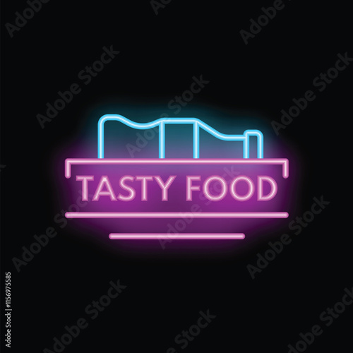 Neon glowing sign of a covered tray with the words tasty food, ideal for restaurants and food businesses