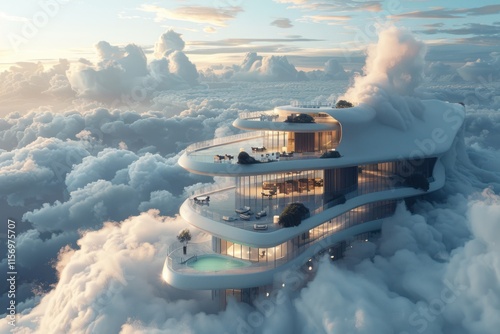 a luxury hotel room floating above a sea of ​​clouds, with a cozy and welcoming interior