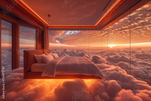 a luxury hotel room floating above a sea of ​​clouds, with a cozy and welcoming interior