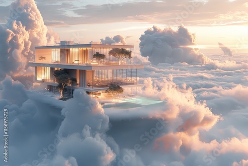 a luxury hotel room floating above a sea of ​​clouds, with a cozy and welcoming interior