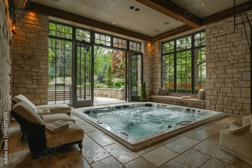 bath spa complex with a hot tub with floor-to-ceiling windows and nature and greenery outside the window