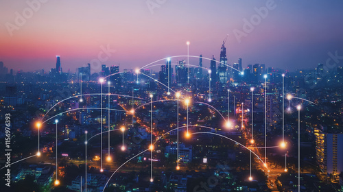 Wallpaper Mural Smart digital Innovation city with connection network reciprocity over the cityscape. of future smart wireless digital city and social media networking systems that connects people with in city Torontodigital.ca