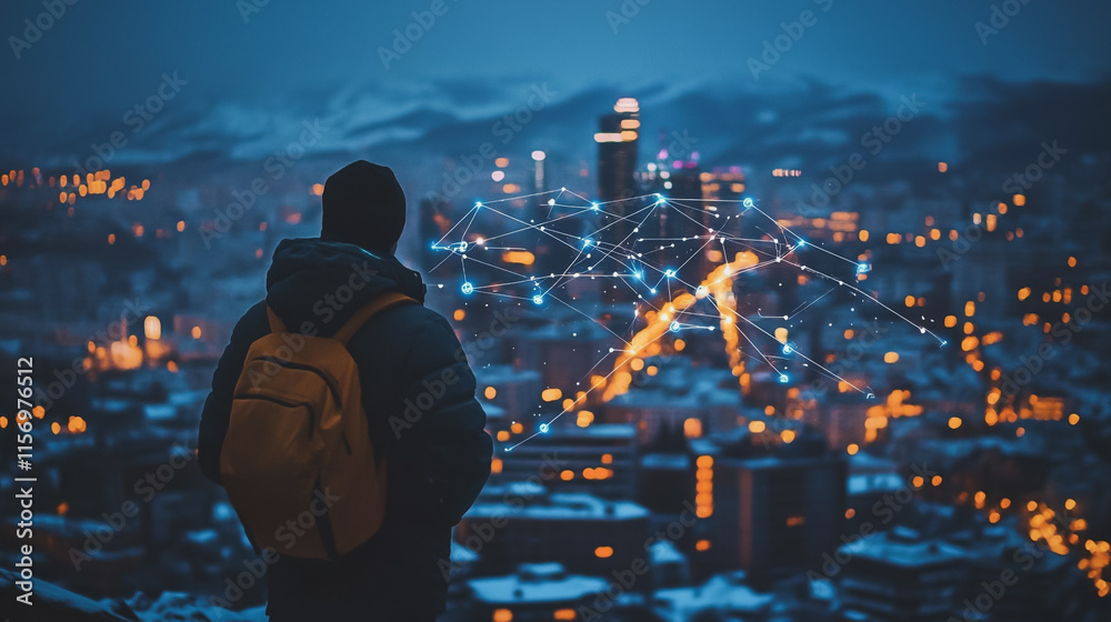 Fototapeta premium Abstract business man stands on the peak of success amid tall, innovative Smart city and graphs with statistics to analyze business potential and predict future developments in company growth.