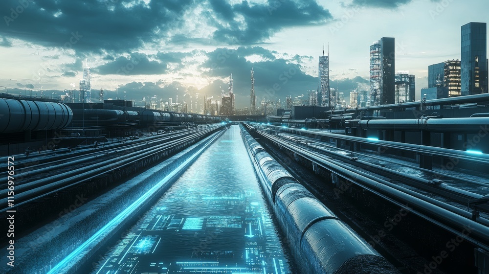 Fototapeta premium modern cityscape with advanced water infrastructure, featuring sleek water pipelines, reservoirs, and fountains. Digital overlays of data, glowing blue streams, and sustainable urban design, 16:9
