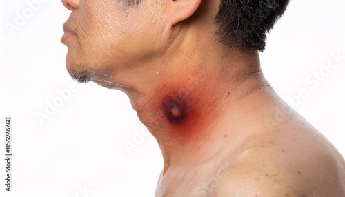 detailed view of a hemangioma on the neck with red and dome-shaped appearance, isolated on a white background, showing prominent skin condition and vascular lesion
 photo