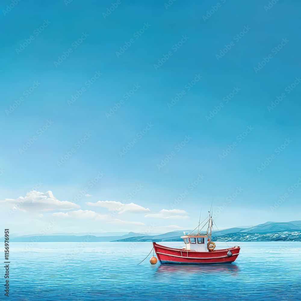 Naklejka premium A fishing boat floating on a calm sea under a clear blue sky